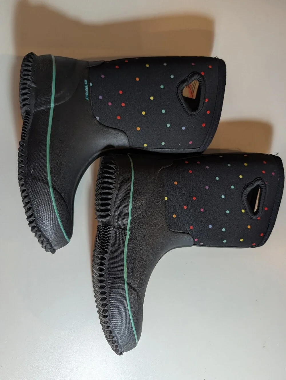Target Girls Size 2 Black Polka Dot Rain Boots with Mint Trim